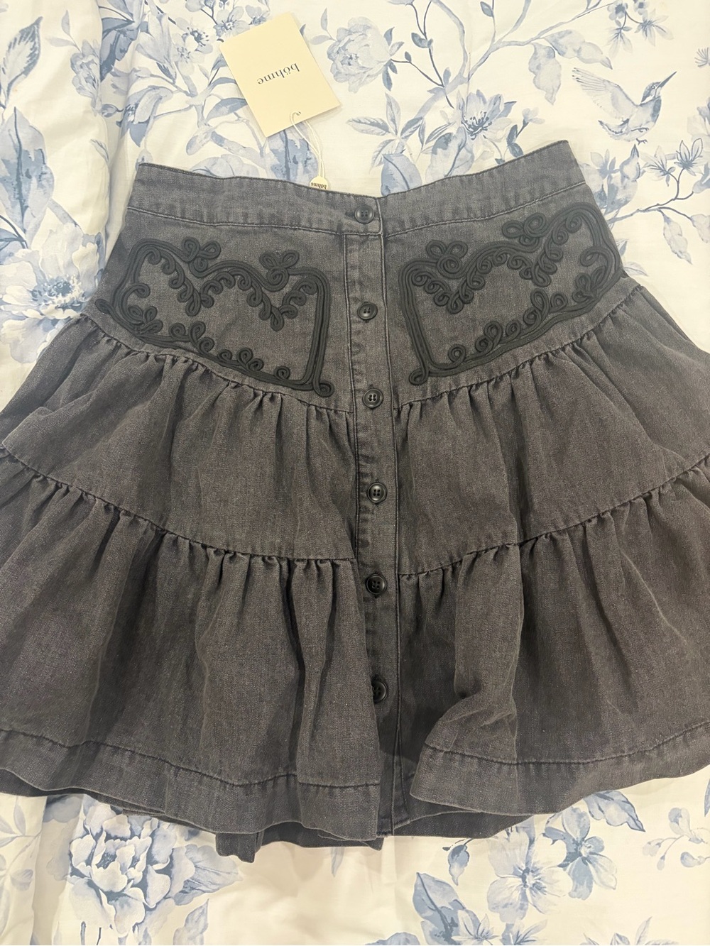 bohme Black Tiered Button-Front Embroidered Mini Skirt